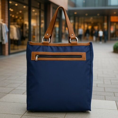 je ziet een blauwe boodschappentas die klaarstaat om te winkelen hij staat daarmee ook voor een winkelcentrum