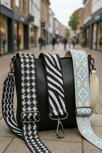 je ziet drie verschillende schouderbanden om een tas heen midden in de stad zodat de dames lekker kunnen shoppen