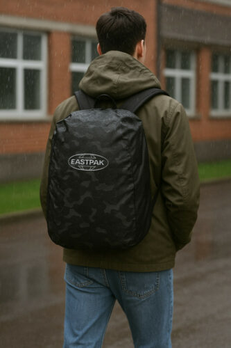 je ziet een leerling die naar school wilt met een mooie rugtas om met daar over heen de eastpak regen hoes en het regent een beetje en je ziet de druppels op de regen hoes