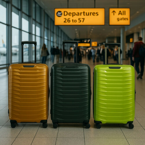 je ziet drie koffers allemaal andere kleur die op een vliegveld staan op het punt staan te vertrekken voor de gates