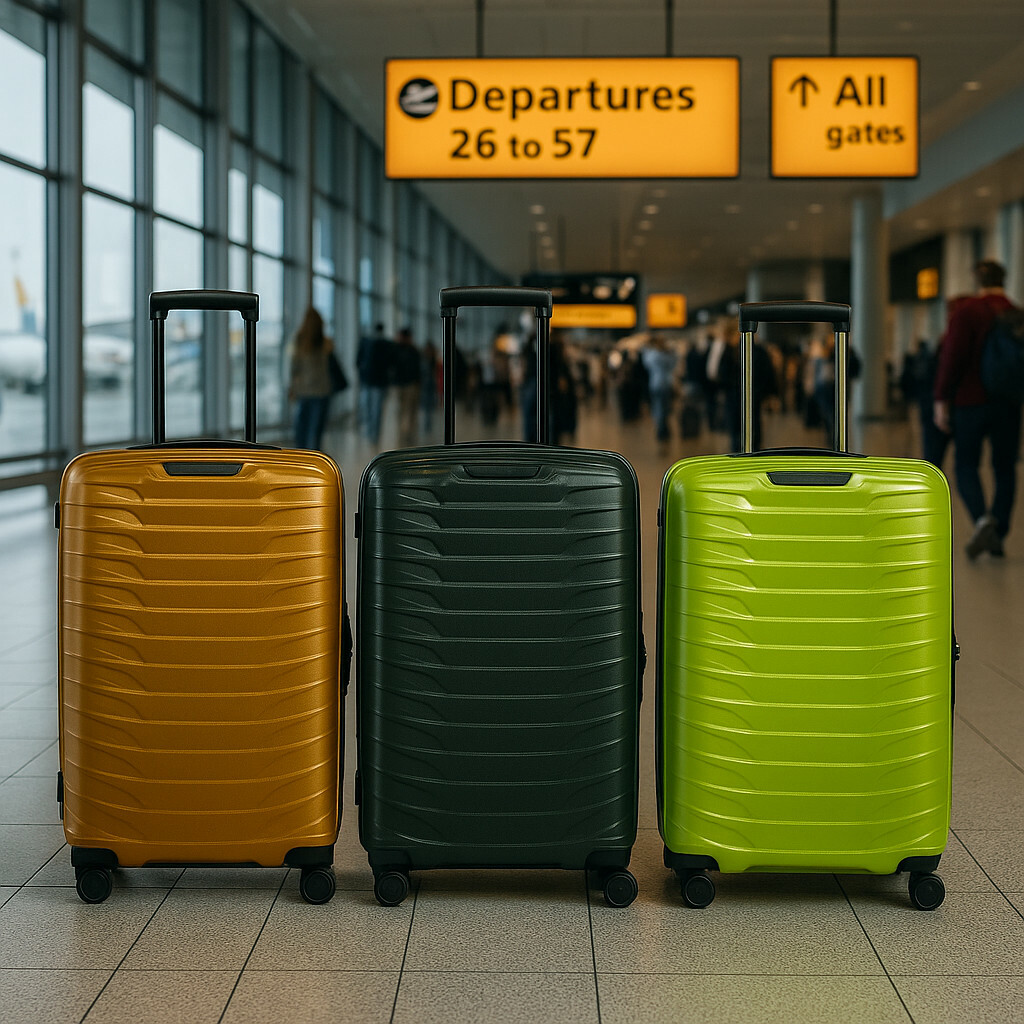 je ziet drie koffers allemaal andere kleur die op een vliegveld staan op het punt staan te vertrekken voor de gates