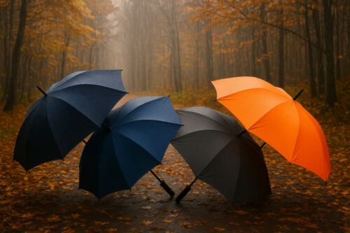 je ziet een vier paraplu's die allemaal een andere kleur hebben die in het mooie herfst bos de grond beschermen tegen de regen