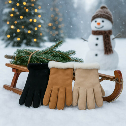 dit zijn drie gekleurde handschoenen die tegen een slee aanstaan midden in de sneeuw met daar achter een kerstboom met lichtjes erin en daarnaast staat een sneeuw pop met een sjaal en muts op