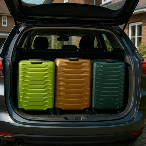 je ziet drie koffers allemaal andere kleur die in de kofferbak liggen om op het punt te vertrekken naar een mooi land