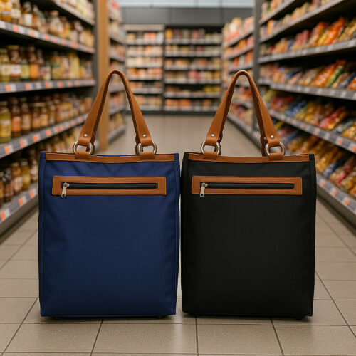 hier zie je een blauwe en een zwarte boodschappen tas die samen in de super markt staan te wachten tot dat ze gebruikt worden