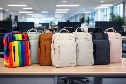 je ziet 7 new rebels tassen allemaal andere kleur die op de tafel op een kantoor staan mooi te zijn