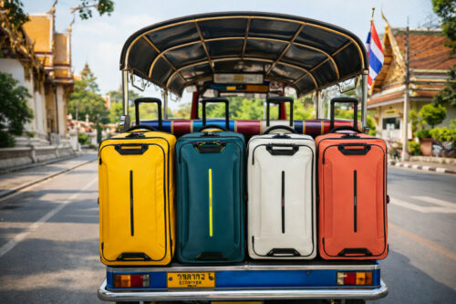 je ziet vier wieltas/koffers die op een tuktuk in Thailand staan