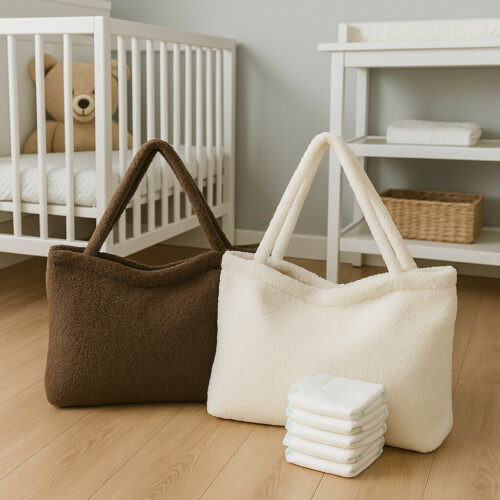 je ziet een kinder kamer die modern is en er staan twee teddy tassen op de grond en daarvoor liggen nog luiers want je kan deze teddy tassen ook gebruiken voor luiertassen