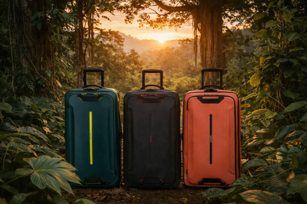 je ziet drie koffers die in het oerwoud staan met zonsondergang