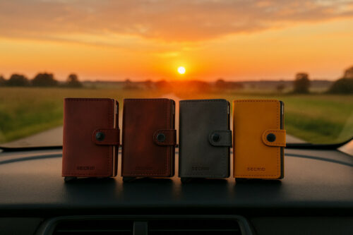 je ziet vier pasjeshouders die bij de voorruit zitten en als achtergrond heb je mooie zonsondergang