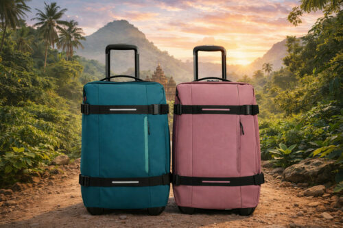 je ziet twee koffer die roze en blauw zijn die in de jungle van india staan