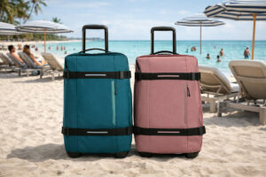je ziet 2 Amercian Tourister wieltassen die op het strand staan onder de mensen en ze zijn blauw en roze
